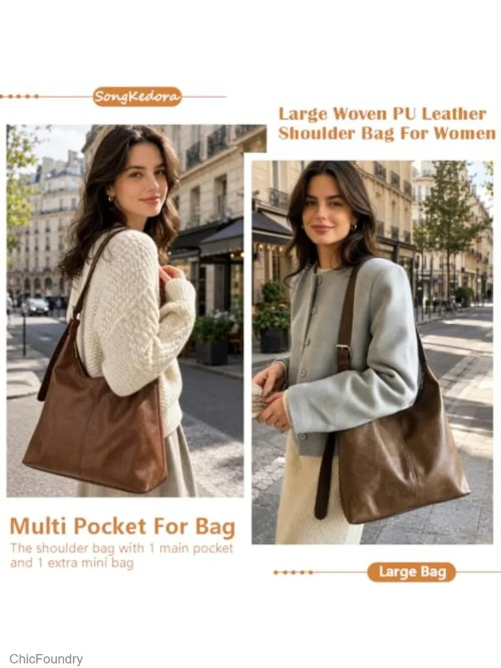 Large Vegan Leather Hobo Bag Slouchy Tote Shoulder Handbag Travel Work